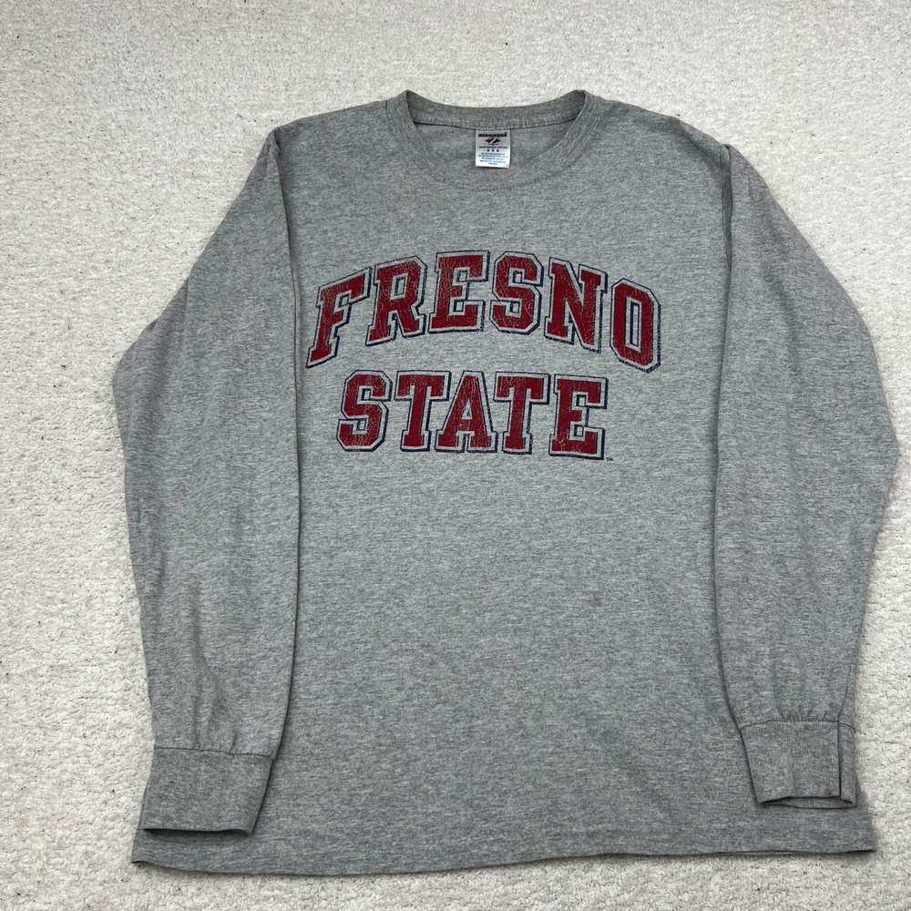 VTG Jerzees Fresno State Bulldogs Long Sleeve T-Shirt Gray Mens M‎ Y2K Spell Out